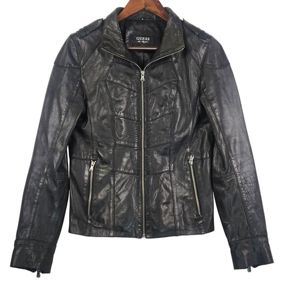 Guess Biker Bomber Moto Jacket Women’s SZ M Genuine Leather Rare Vintage Y2K - Picture 1 of 16